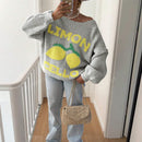 Chaqueta corta de cardigan casual de manga larga con botones y estampado de limon oversize para mujer en otono e invierno