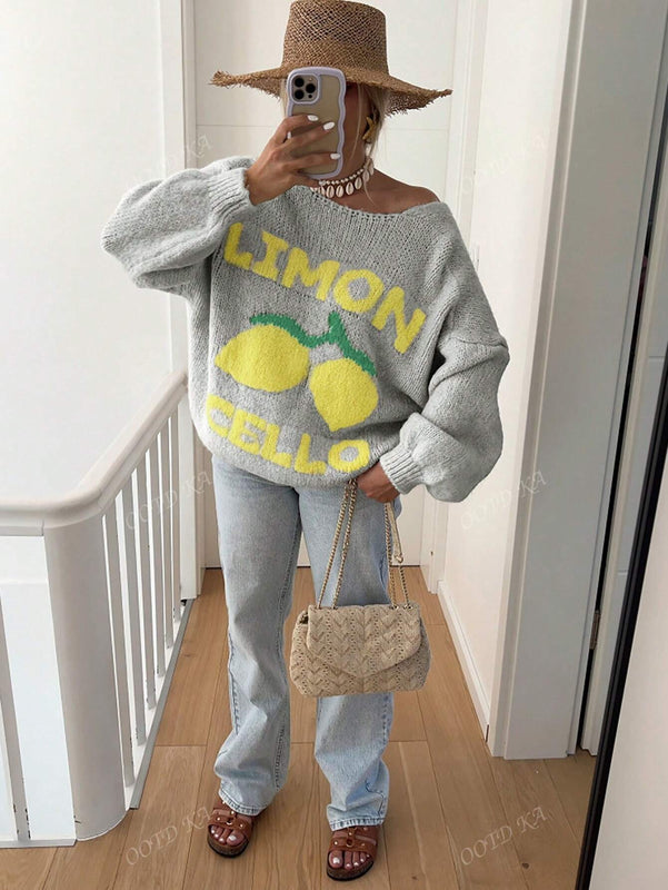 Chaqueta corta de cardigan casual de manga larga con botones y estampado de limon oversize para mujer en otono e invierno
