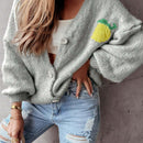 Cardigan corto casual de manga larga para mujer con botones y diseno de jacquard con limones, para otono e invierno