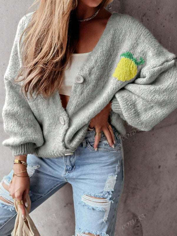 Chaqueta corta de mujer tipo cardigan de manga larga con botones, casual, con diseno de jacquard con limones, para otono e invierno