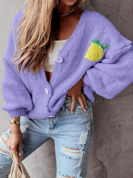 Cardigan corto casual de manga larga para mujer con botones y diseno de jacquard con limones, para otono e invierno