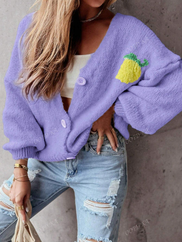 Chaqueta corta de mujer tipo cardigan de manga larga con botones, casual, con diseno de jacquard con limones, para otono e invierno