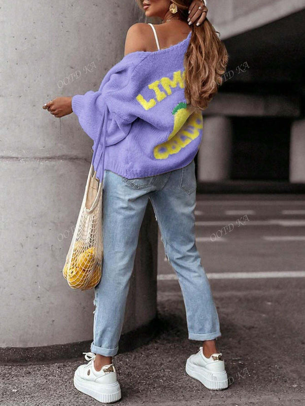 Chaqueta corta de cardigan casual de manga larga con botones y estampado de limon oversize para mujer en otono e invierno