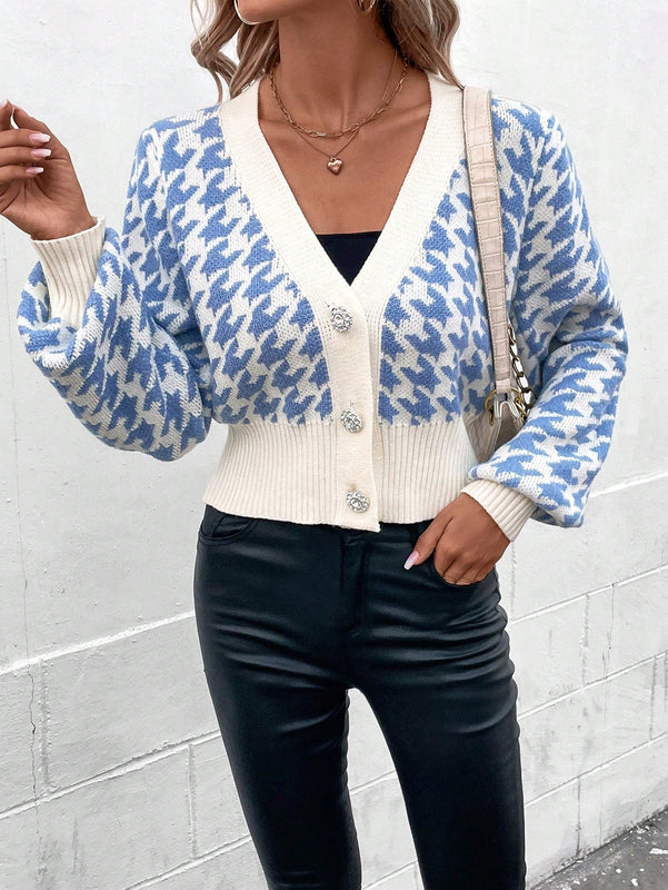 Essnce cardigan casual de mujer con botones y mangas de farol, dobladillo ancho y estampado de pata de gallo