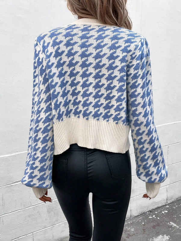 Essnce cardigan casual de mujer con botones y mangas de farol, dobladillo ancho y estampado de pata de gallo