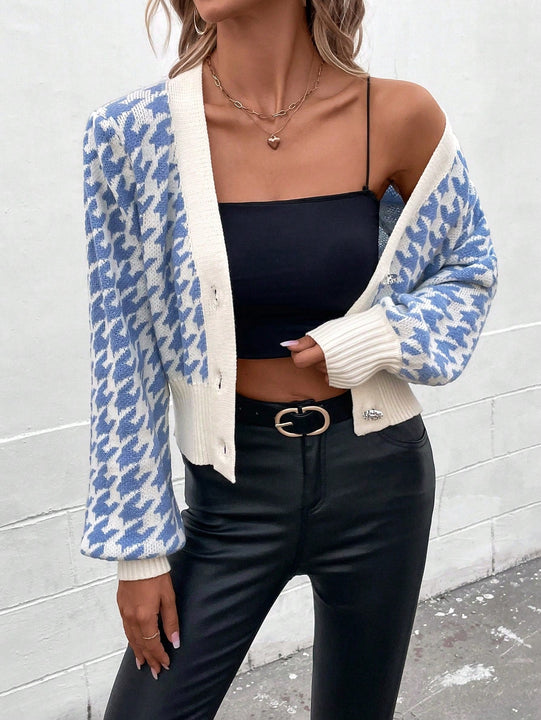 Essnce cardigan casual de mujer con botones y mangas de farol, dobladillo ancho y estampado de pata de gallo