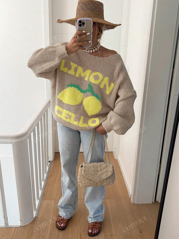 Chaqueta corta de cardigan casual de manga larga con botones y estampado de limon oversize para mujer en otono e invierno
