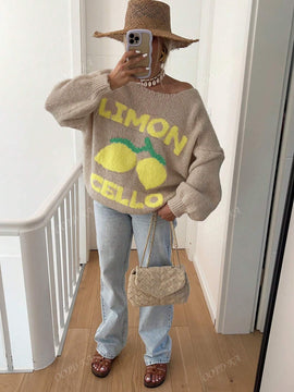 Chaqueta corta de mujer tipo cardigan de manga larga con botones, casual, con diseno de jacquard con limones, para otono e invierno