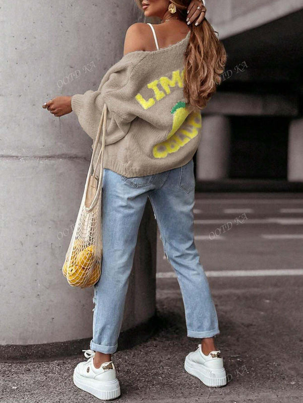 Cardigan corto casual de manga larga para mujer con botones y diseno de jacquard con limones, para otono e invierno