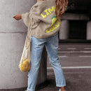 Chaqueta corta de cardigan casual de manga larga con botones y estampado de limon oversize para mujer en otono e invierno