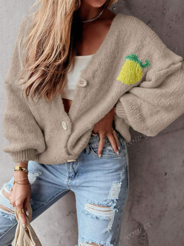 Cardigan corto casual de manga larga para mujer con botones y diseno de jacquard con limones, para otono e invierno