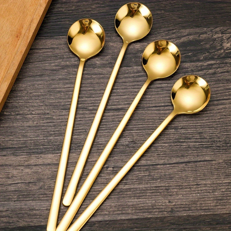 4 cucharillas largas de acero inoxidable 304 doradas, cucharas para revolver café y té con mango largo, utensilios elegantes para fiestas y uso en el hogar y la cocina