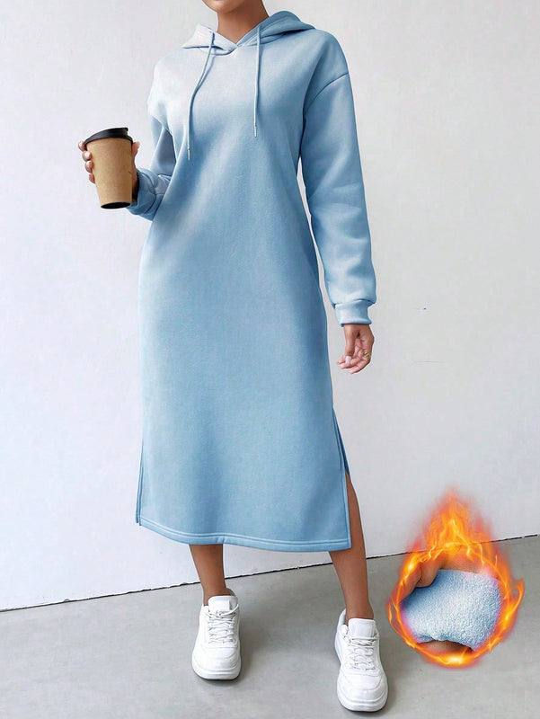 Relaxiva sudadera con capucha larga forrada de forro polar con estampado de eslogan casual, otono/invierno