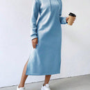 Relaxiva vestido sudadera casual de felpa con capucha, manga larga, bajo con abertura, cordon ajustable, estampado de lema para mujer, otono/invierno