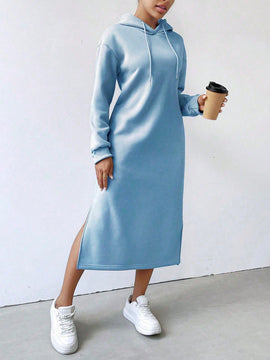 Relaxiva vestido sudadera casual de felpa con capucha, manga larga, bajo con abertura, cordon ajustable, estampado de lema para mujer, otono/invierno