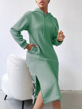 Relaxiva sudadera con capucha larga forrada de forro polar con estampado de eslogan casual, otono/invierno