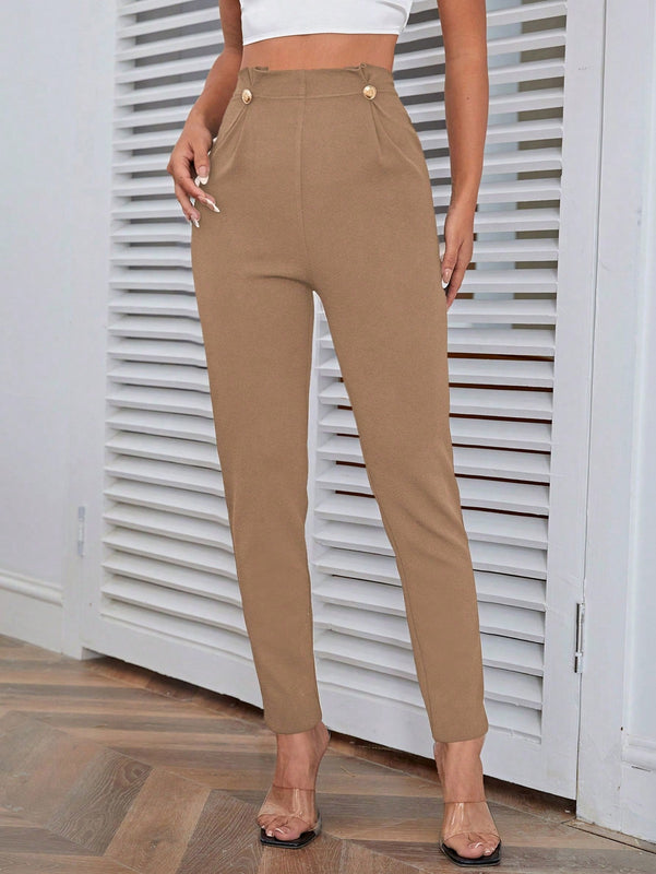 Pantalones casuales de traje negro de cintura alta para mujer con ajuste cenido y piernas anchas de 7-9cm