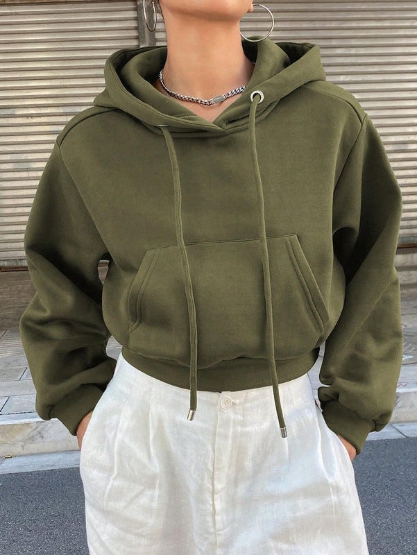 Dazy sudadera con capucha corta de unicolor informal para mujer, de manga larga, para otono/invierno