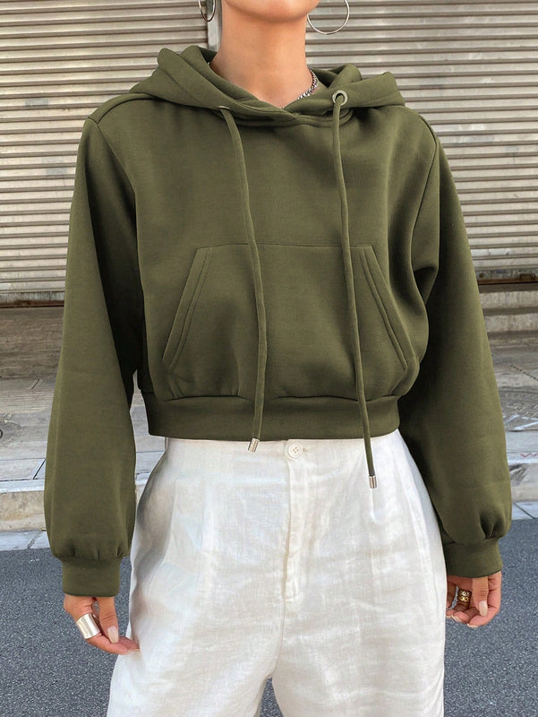 Dazy sudadera con capucha corta de unicolor informal para mujer, de manga larga, para otono/invierno