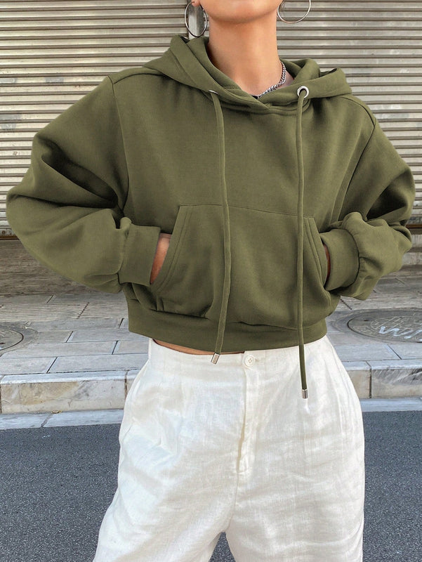Dazy sudadera con capucha corta de unicolor informal para mujer, de manga larga, para otono/invierno