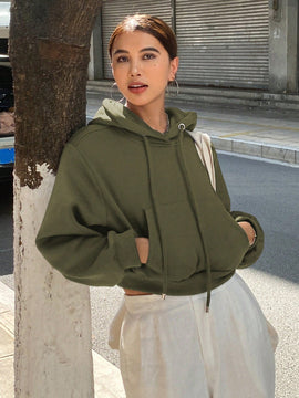 Dazy sudadera con capucha corta de unicolor informal para mujer, de manga larga, para otono/invierno