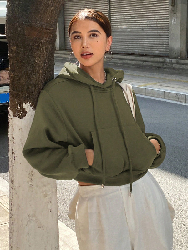 Dazy sudadera con capucha corta de unicolor informal para mujer, de manga larga, para otono/invierno