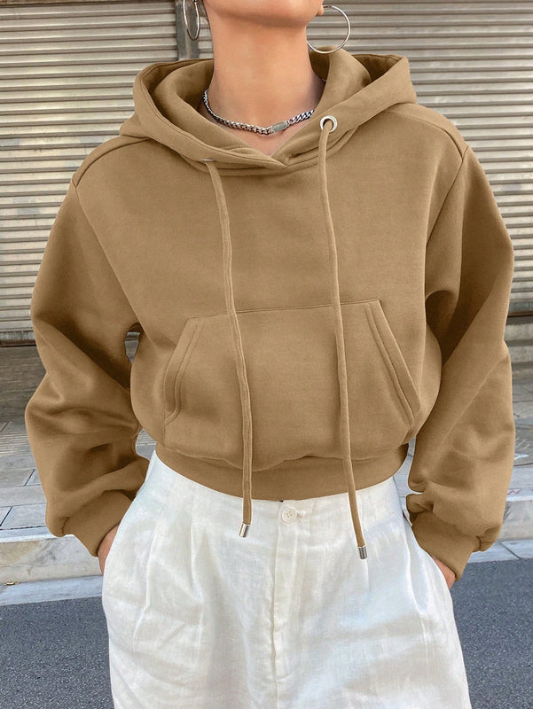 Dazy sudadera con capucha corta de unicolor informal para mujer, de manga larga, para otono/invierno