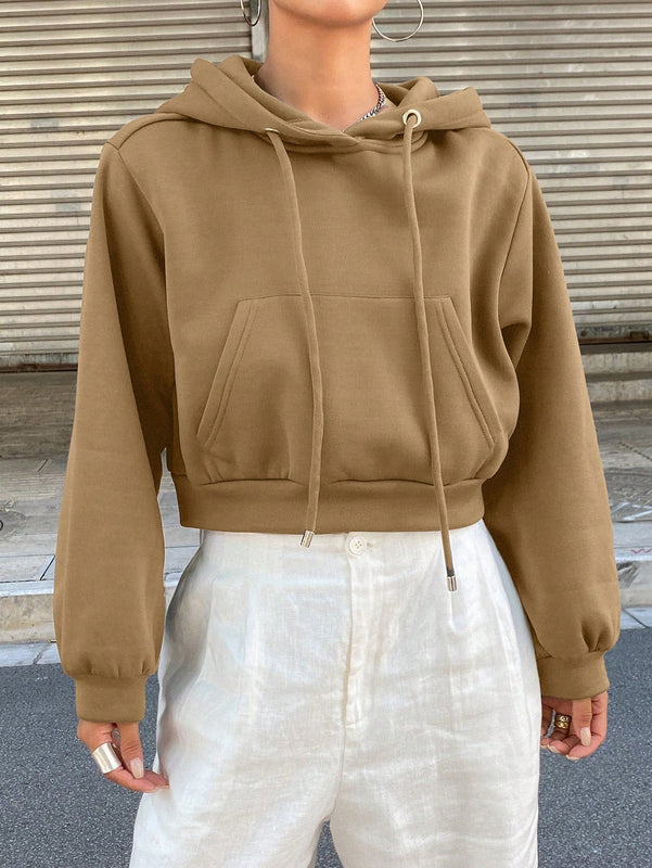 Dazy sudadera con capucha corta de unicolor informal para mujer, de manga larga, para otono/invierno