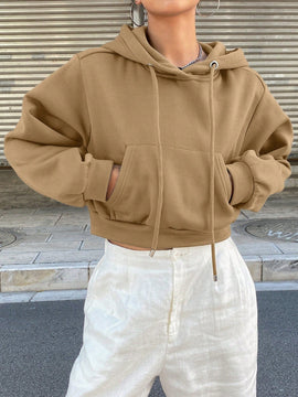Dazy sudadera con capucha corta de unicolor informal para mujer, de manga larga, para otono/invierno