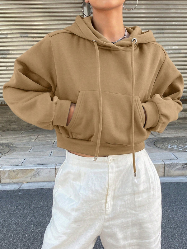 Dazy sudadera con capucha corta de unicolor informal para mujer, de manga larga, para otono/invierno