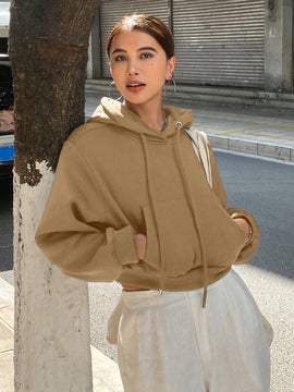 Dazy sudadera con capucha corta de unicolor informal para mujer, de manga larga, para otono/invierno