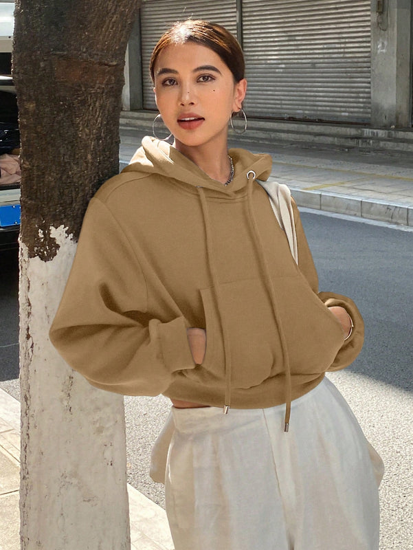 Dazy sudadera con capucha corta de unicolor informal para mujer, de manga larga, para otono/invierno