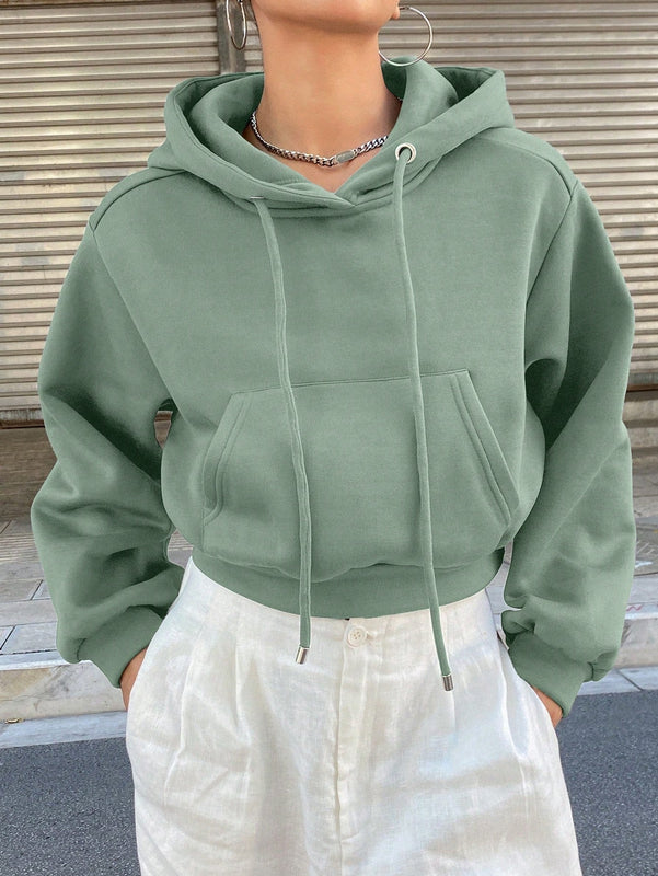Dazy sudadera con capucha corta de unicolor informal para mujer, de manga larga, para otono/invierno