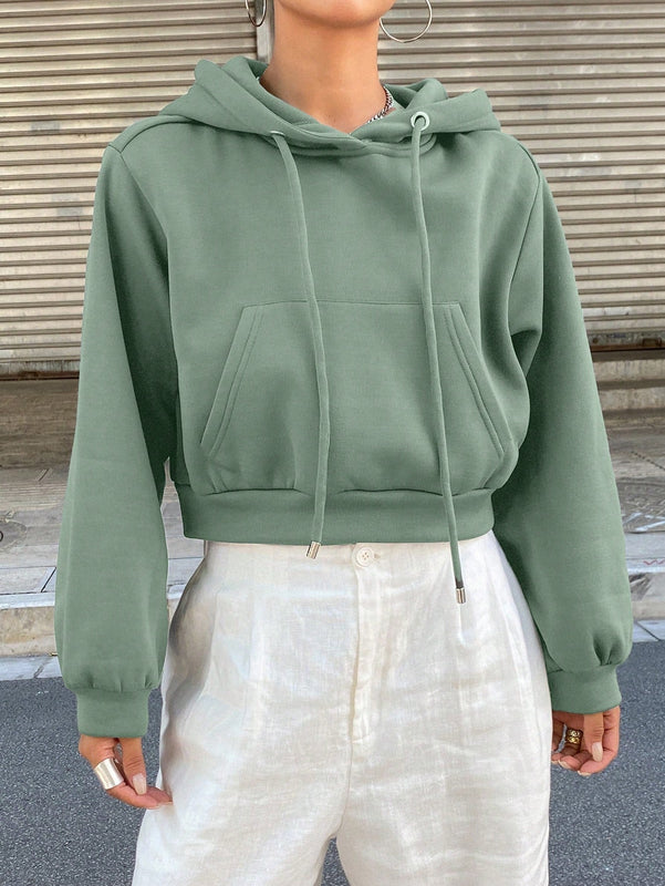 Dazy sudadera con capucha corta de unicolor informal para mujer, de manga larga, para otono/invierno