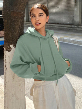 Dazy sudadera con capucha corta de unicolor informal para mujer, de manga larga, para otono/invierno