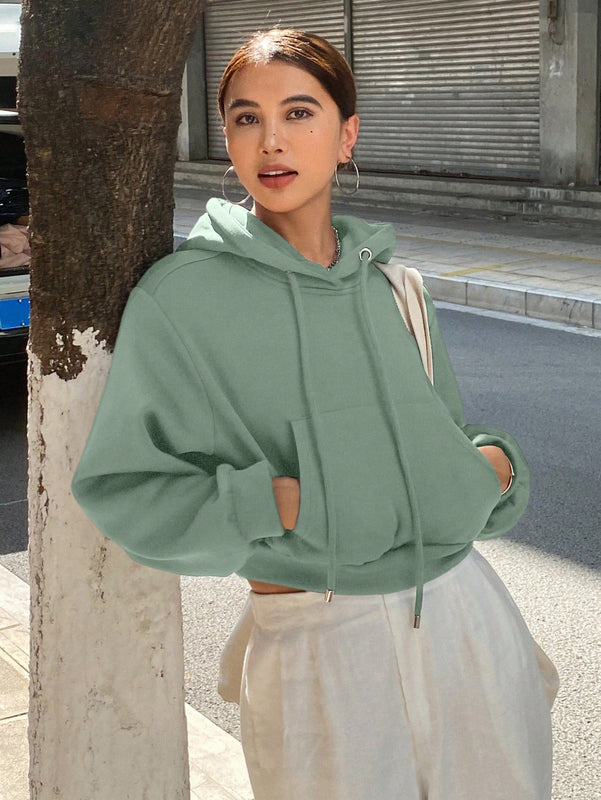 Dazy sudadera con capucha corta de unicolor informal para mujer, de manga larga, para otono/invierno