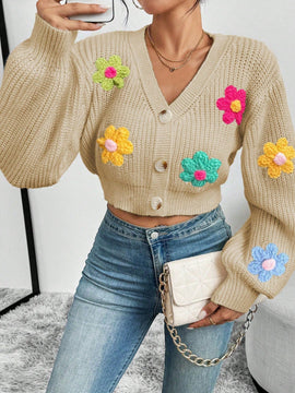 Essnce 1 pieza cardigan casual de manga larga con botones al frente y bordado floral