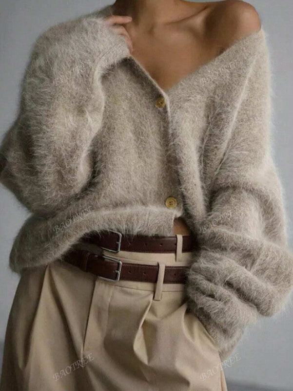 Cardigan de manga larga con botones con estampado de grano de madera y cuello en v, unicolor, informal, calido y elegante, para otono/invierno