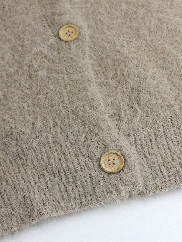 Cardigan de manga larga con botones con estampado de grano de madera y cuello en v, unicolor, informal, calido y elegante, para otono/invierno