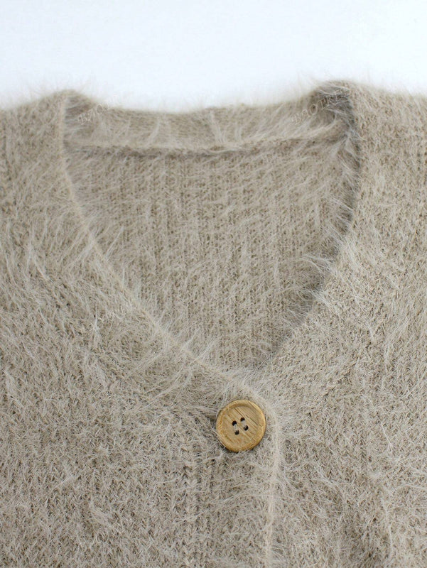 Cardigan de manga larga con botones con estampado de grano de madera y cuello en v, unicolor, informal, calido y elegante, para otono/invierno