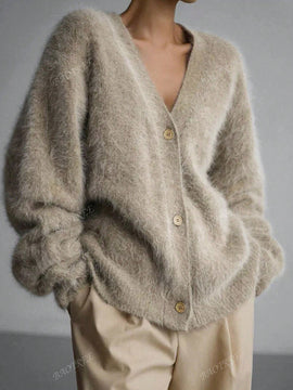Cardigan de manga larga con botones con estampado de grano de madera y cuello en v, unicolor, informal, calido y elegante, para otono/invierno