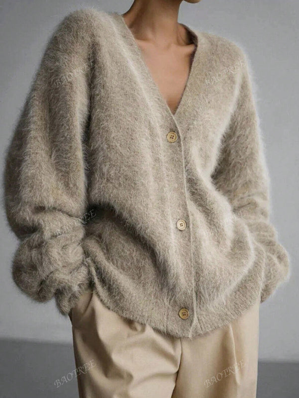 Cardigan de manga larga con botones con estampado de grano de madera y cuello en v, unicolor, informal, calido y elegante, para otono/invierno