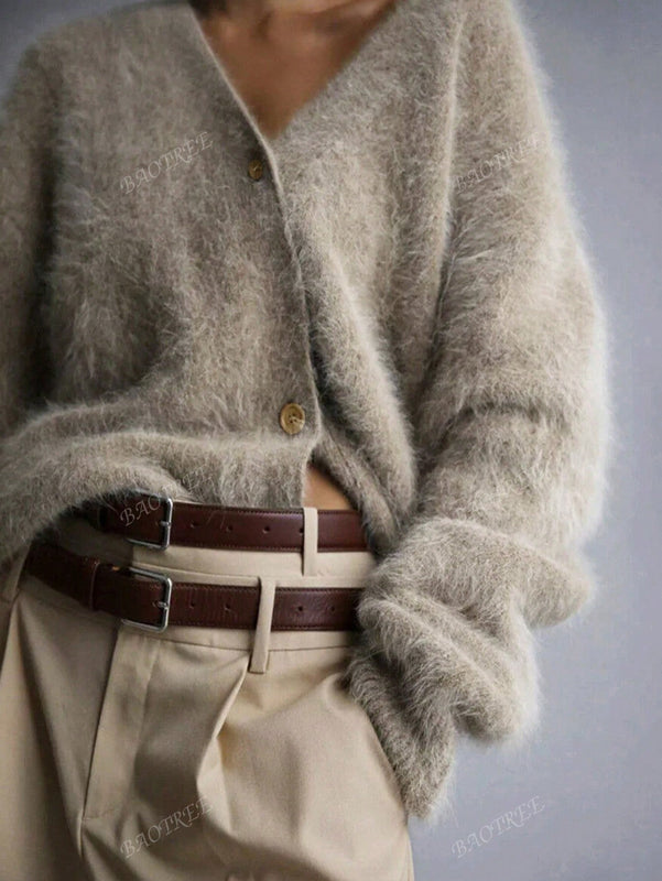 Cardigan de manga larga con botones con estampado de grano de madera y cuello en v, unicolor, informal, calido y elegante, para otono/invierno