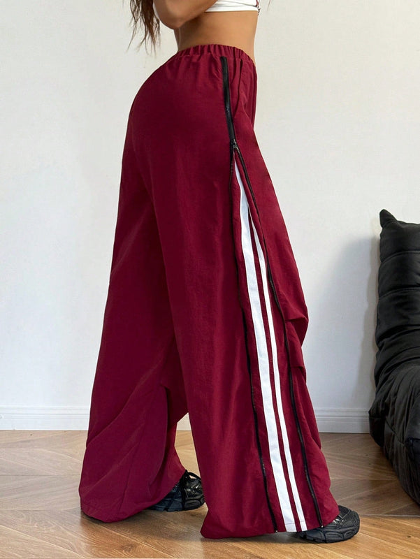 Coolane pantalon de chandal de pierna ancha, de talle medio, con cremallera, textura de decoracion y pierna ancha, para mujer, de otono/invierno