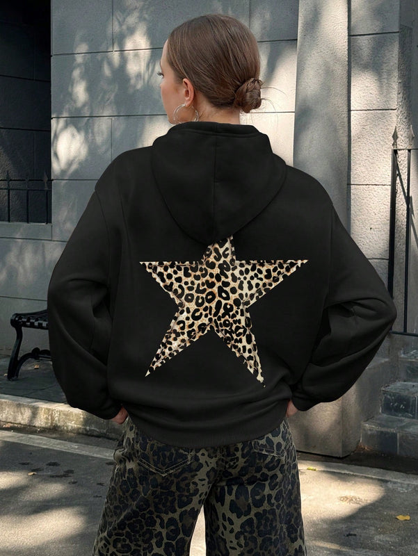 Ezwear sudadera con capucha de mujer con estampado de leopardo y estrella, hombros caidos, otono/invierno