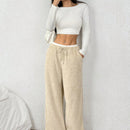 Ezwear pantalones casuales y holgados de color albaricoque con cintura de contraste en color esponjoso para mujeres