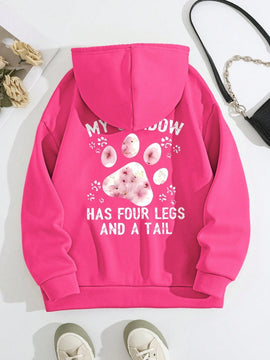 Lune sudadera con capucha informal para mujer con estampado de letra y pata de perro, para otono/invierno