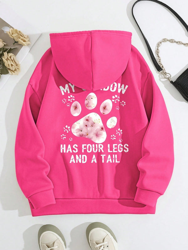 Lune sudadera con capucha informal para mujer con estampado de letra y pata de perro, para otono/invierno