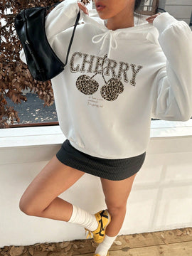 Ezwear sudadera con capucha holgada de estilo casual y minimalista con estampado de leopardo y cereza para mujer, otono/invierno