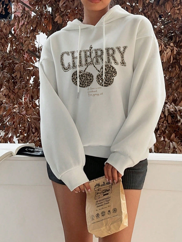 Ezwear sudadera con capucha holgada de estilo casual y minimalista con estampado de leopardo y cereza para mujer, otono/invierno